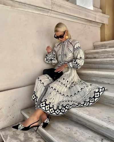 Eulalia - Retro Kõrge Kaelusega Boho Kleid